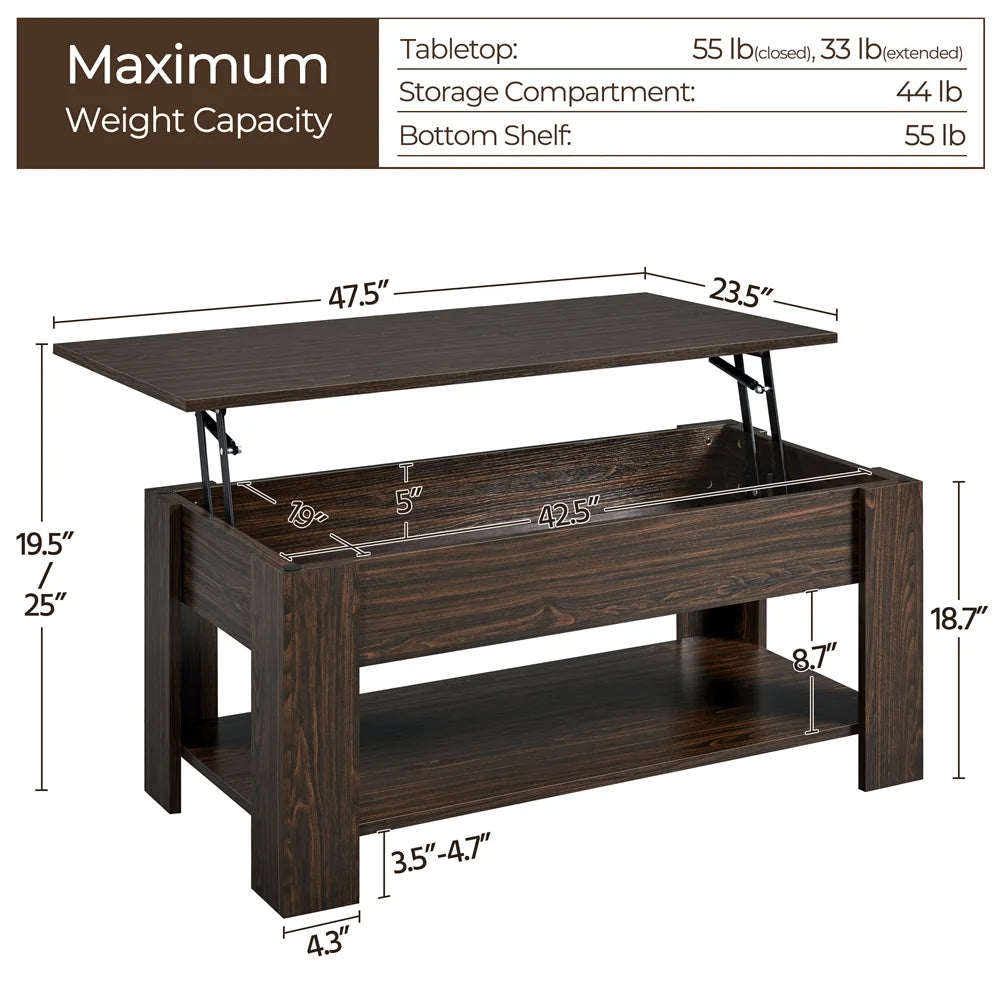 Modern 47.5" Wood Lift Top Coffee Table with Lower Shelf for Living Room, Espresso
