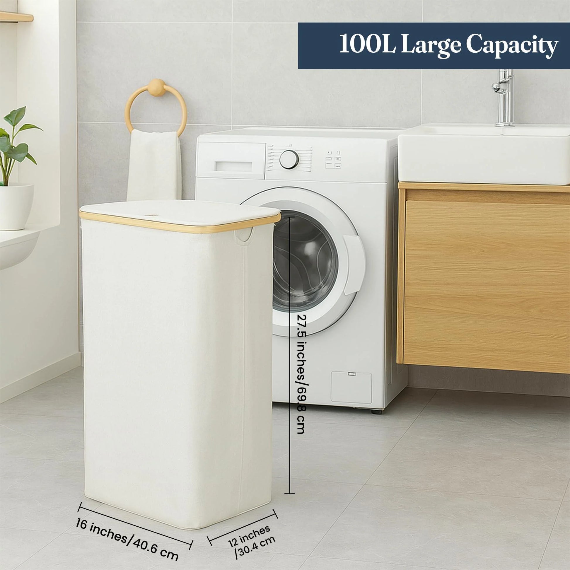 Ivory 100L Large Laundry Hamper with Lid Narrow Foldable Slim Laundry Basket with Bamboo Handles Skinny Tall Dirty Clothes Hamper for Dorm Bathroom Bedroom