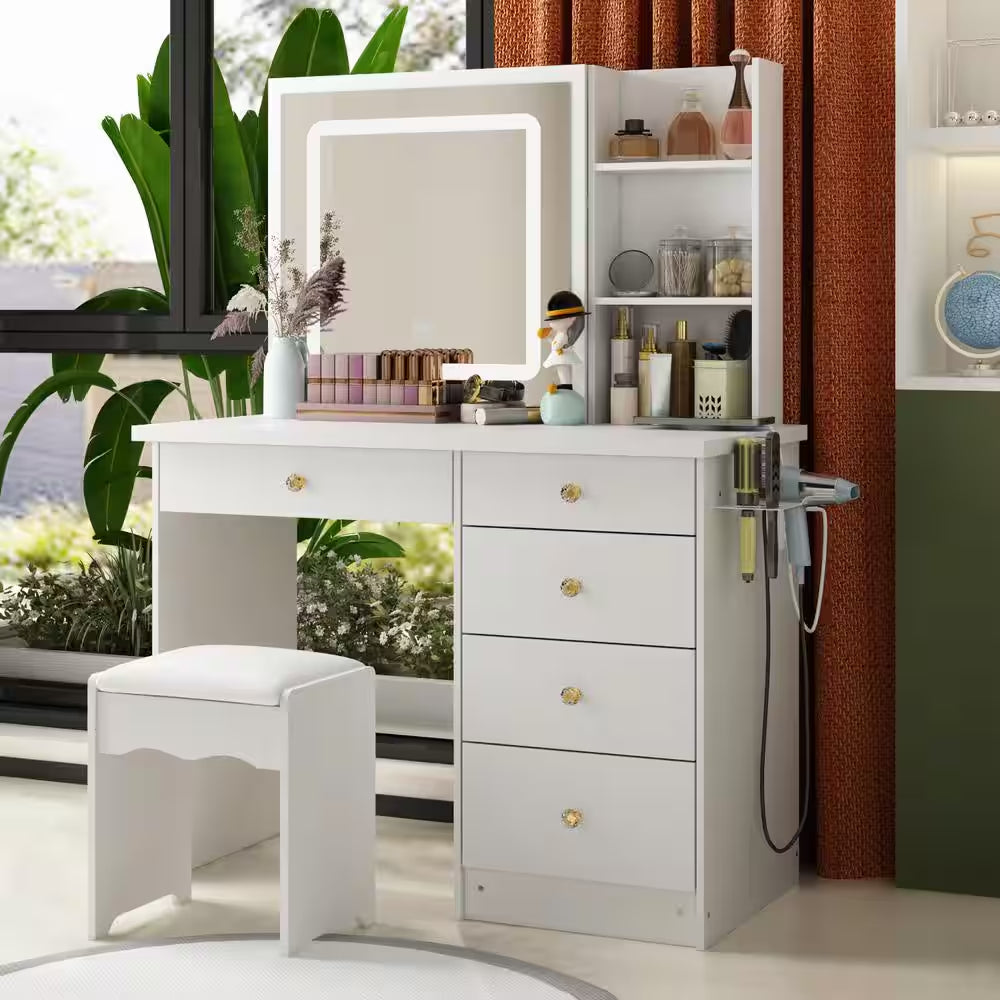 White Makeup Vanity Set Dressing Table with Sliding LED Lighted Mirror Power Strip and Hair Dryer Holder, Drawers, Stool