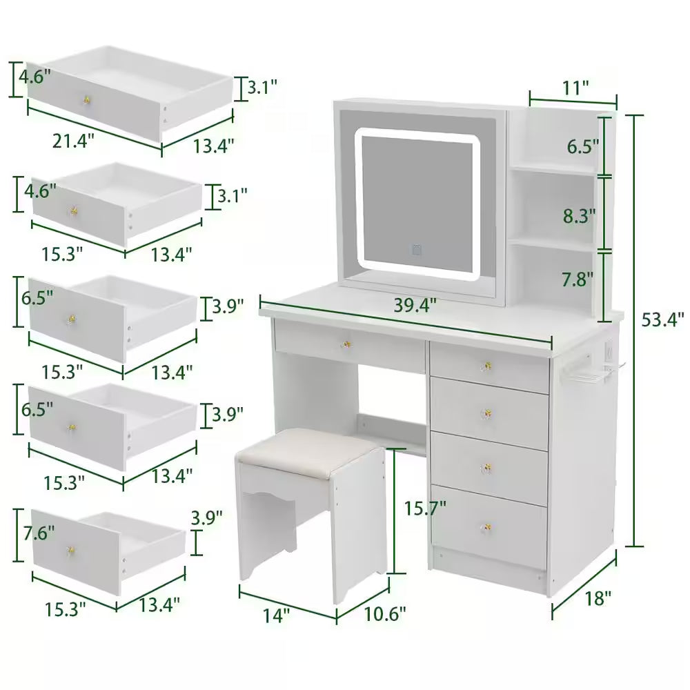White Makeup Vanity Set Dressing Table with Sliding LED Lighted Mirror Power Strip and Hair Dryer Holder, Drawers, Stool