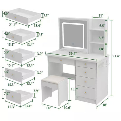 White Makeup Vanity Set Dressing Table with Sliding LED Lighted Mirror Power Strip and Hair Dryer Holder, Drawers, Stool