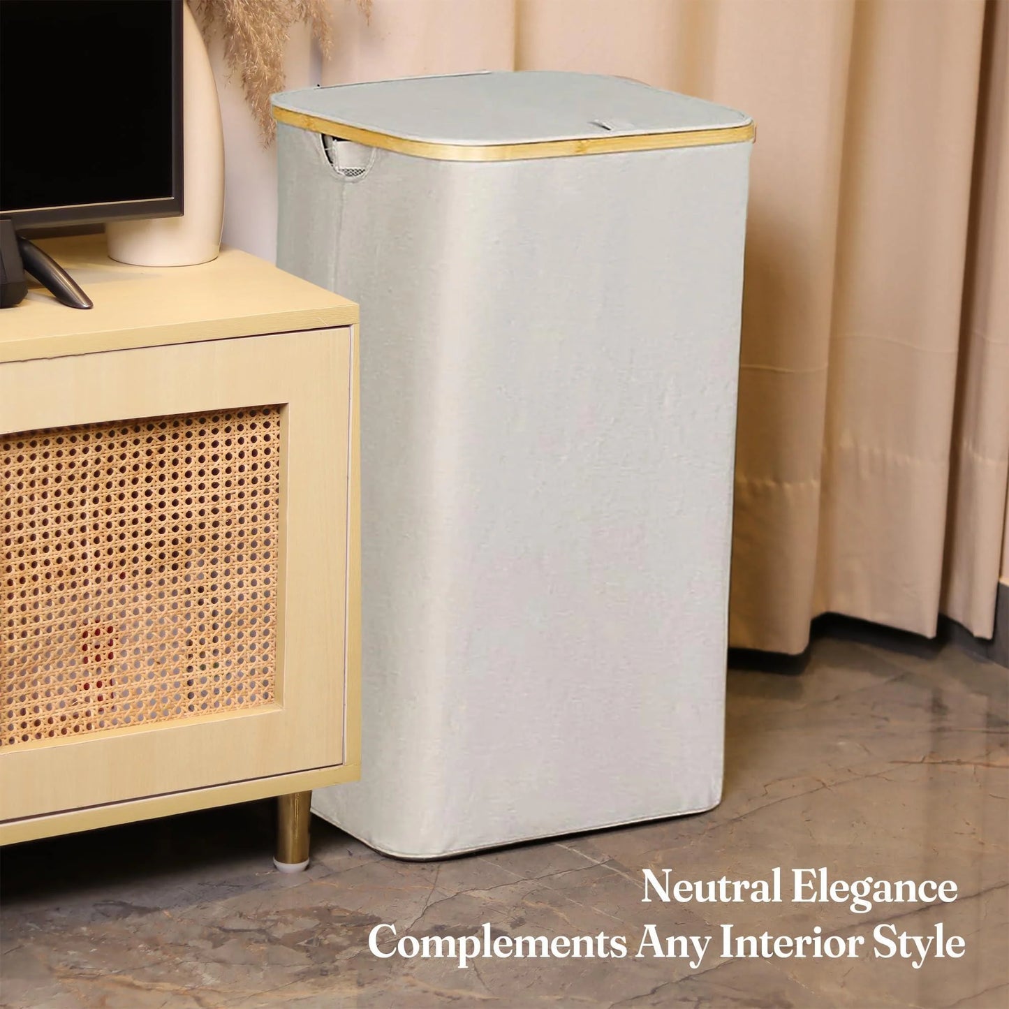 Ivory 100L Large Laundry Hamper with Lid Narrow Foldable Slim Laundry Basket with Bamboo Handles Skinny Tall Dirty Clothes Hamper for Dorm Bathroom Bedroom