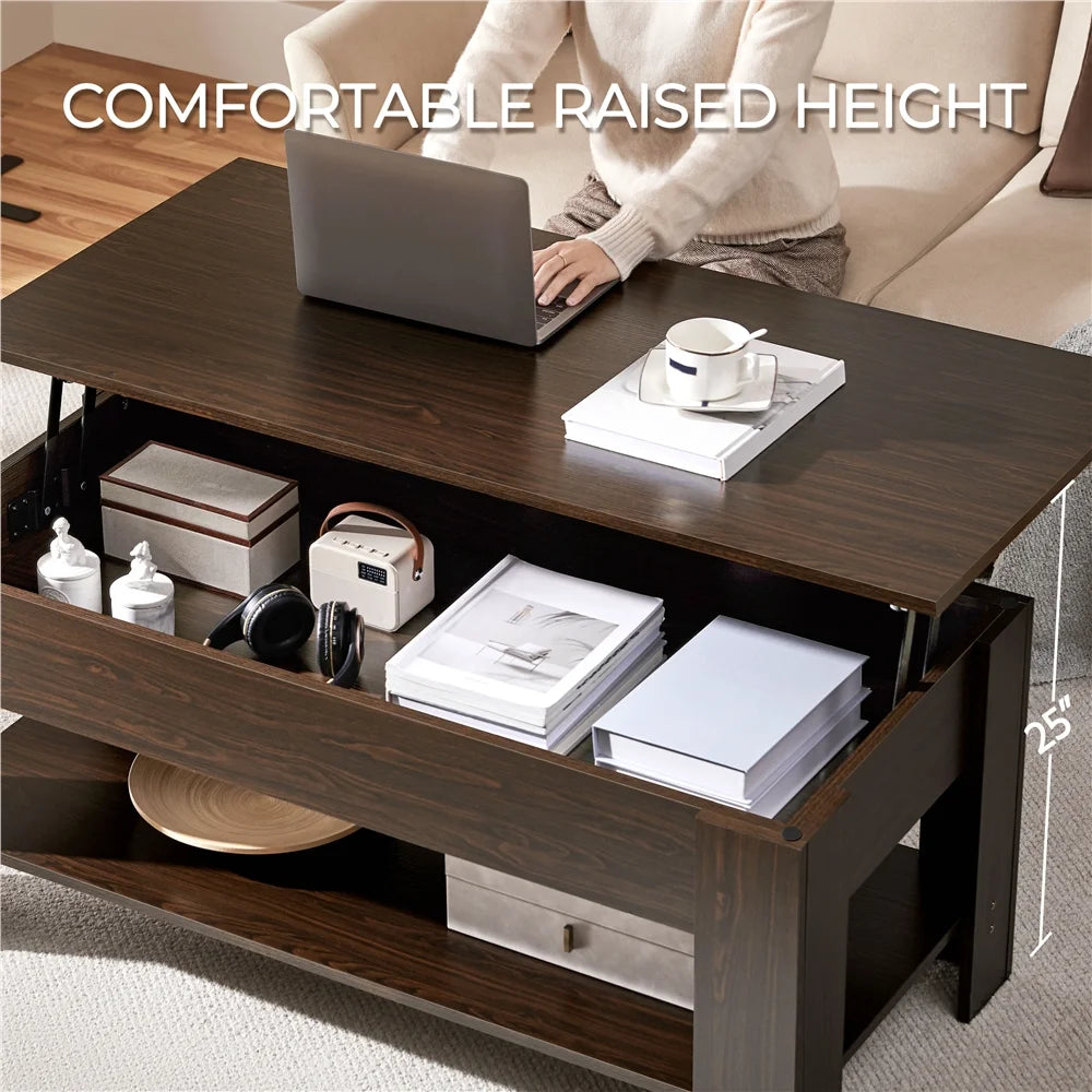 Modern 47.5" Wood Lift Top Coffee Table with Lower Shelf for Living Room, Espresso
