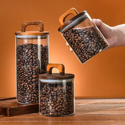 SealNest™ 木蓋付きガラス保存容器 – コーヒー、紅茶、スパイスなどに最適な密閉型キッチンキャニスター