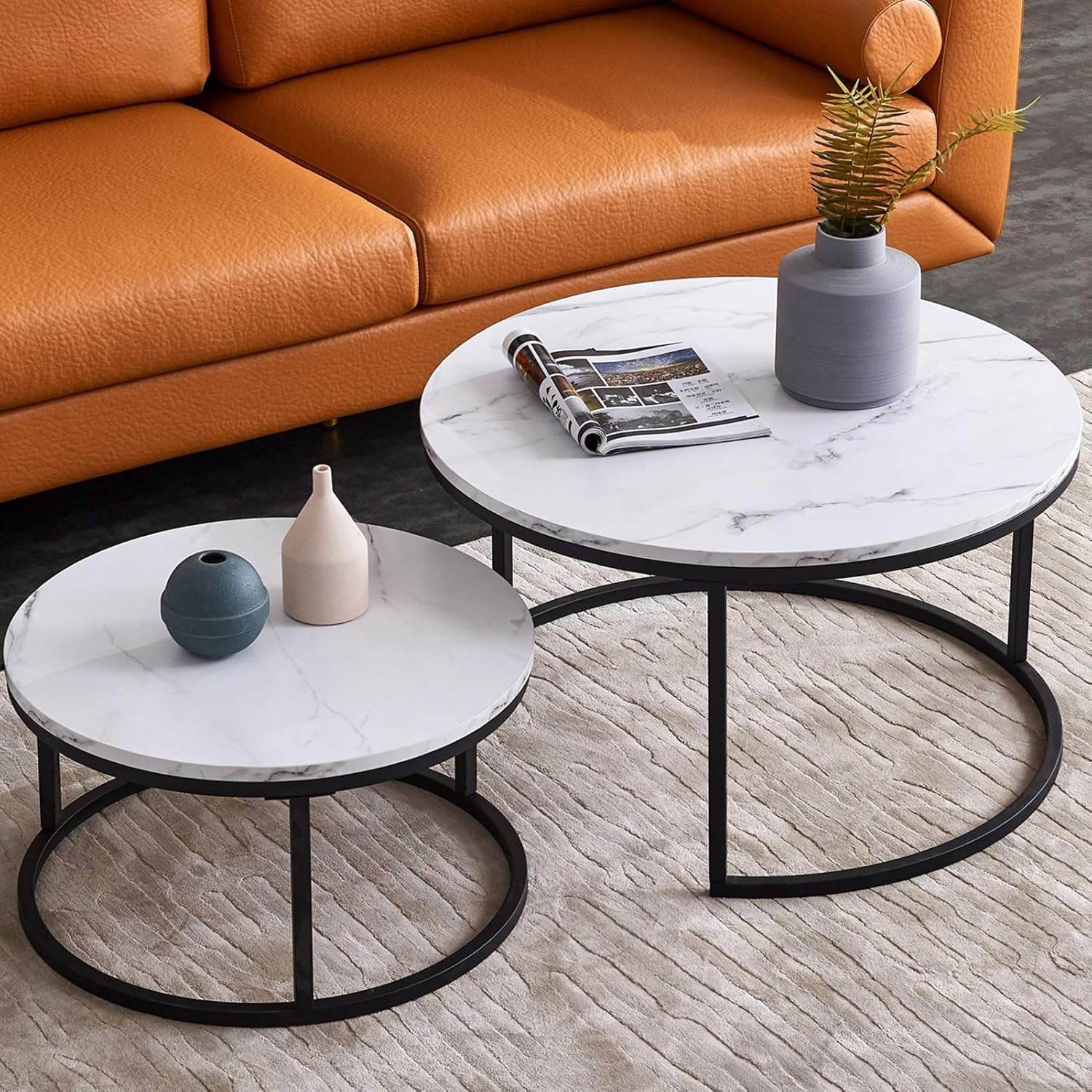 Round Nesting Coffee Tables Set for Living Room White Modern，Nesting Tables Sofa Side Nest of Tables，End Tables for Bed Room Set of 2 with Solid Metal Frame for Small Space (Black-White)