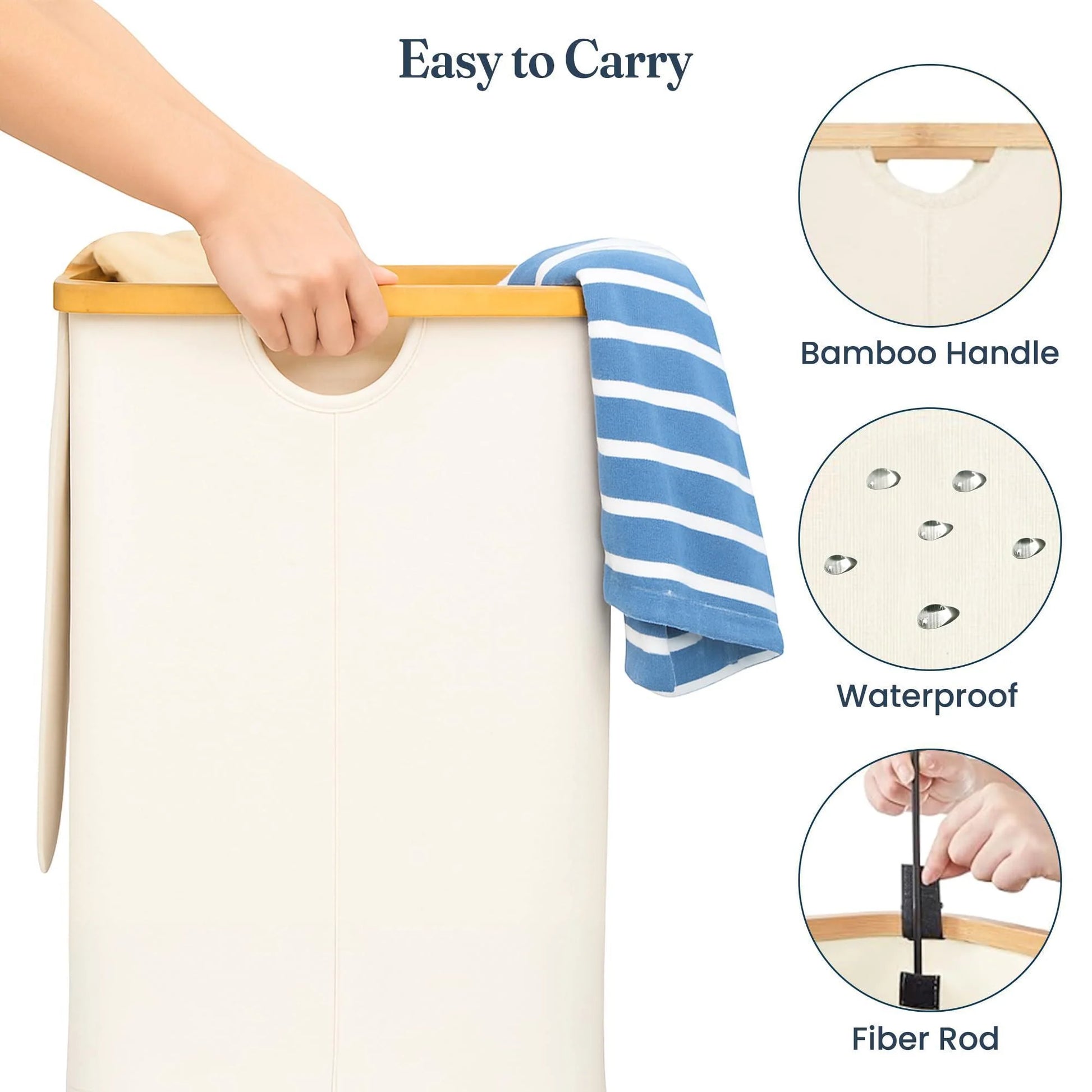 Ivory 100L Large Laundry Hamper with Lid Narrow Foldable Slim Laundry Basket with Bamboo Handles Skinny Tall Dirty Clothes Hamper for Dorm Bathroom Bedroom