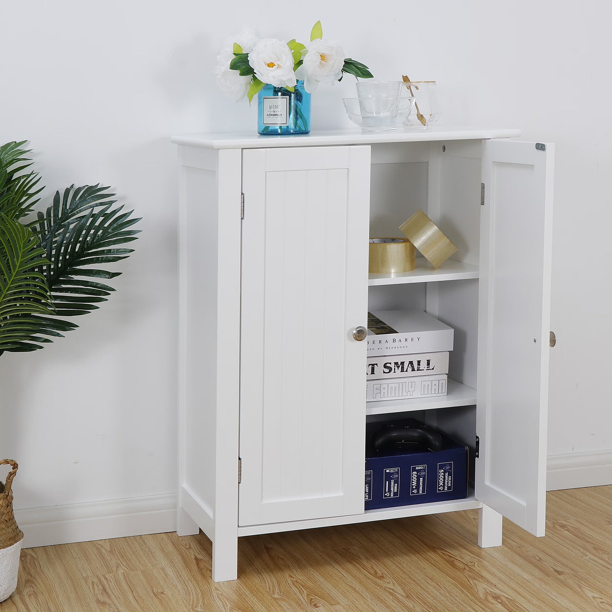 White Wooden Bathroom Floor Cabinet Storage Cupboard 3 Shelves save Space