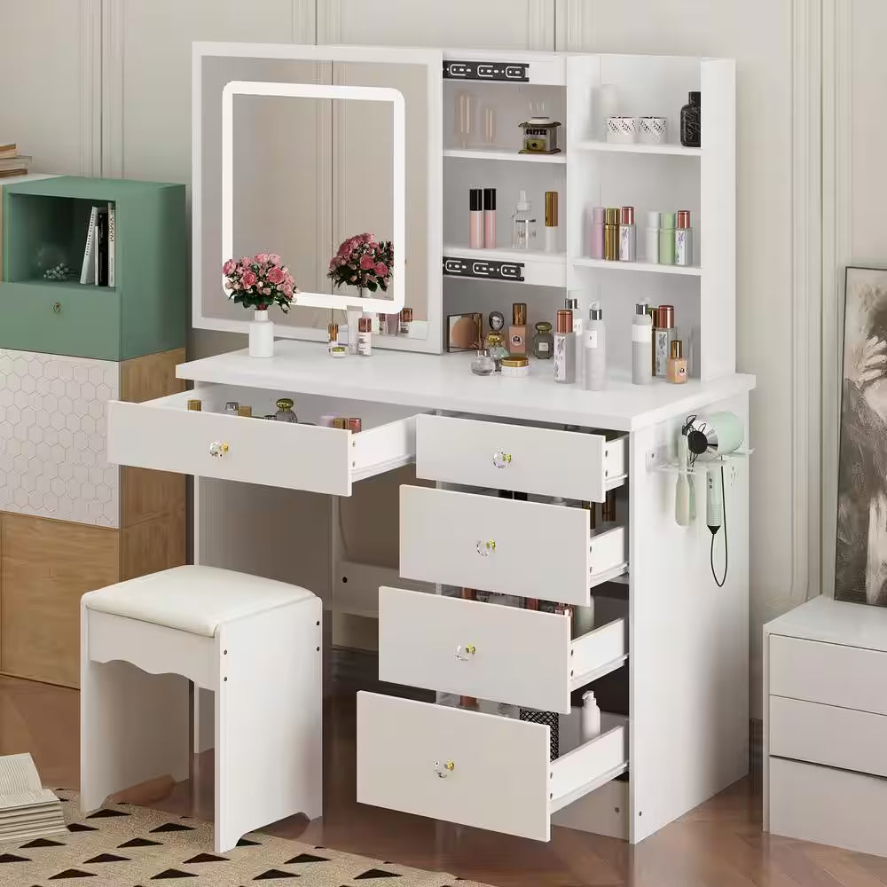 White Makeup Vanity Set Dressing Table with Sliding LED Lighted Mirror Power Strip and Hair Dryer Holder, Drawers, Stool