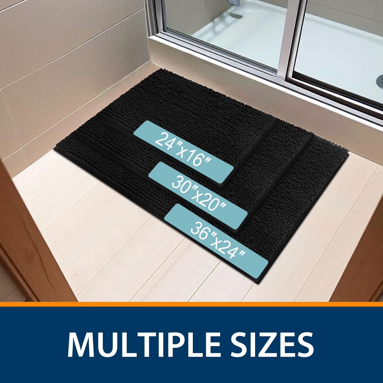 Luxury Chenille Bathroom Rugs, Extra Soft and Absorbent Bath Mat, Black, 16"X24"
