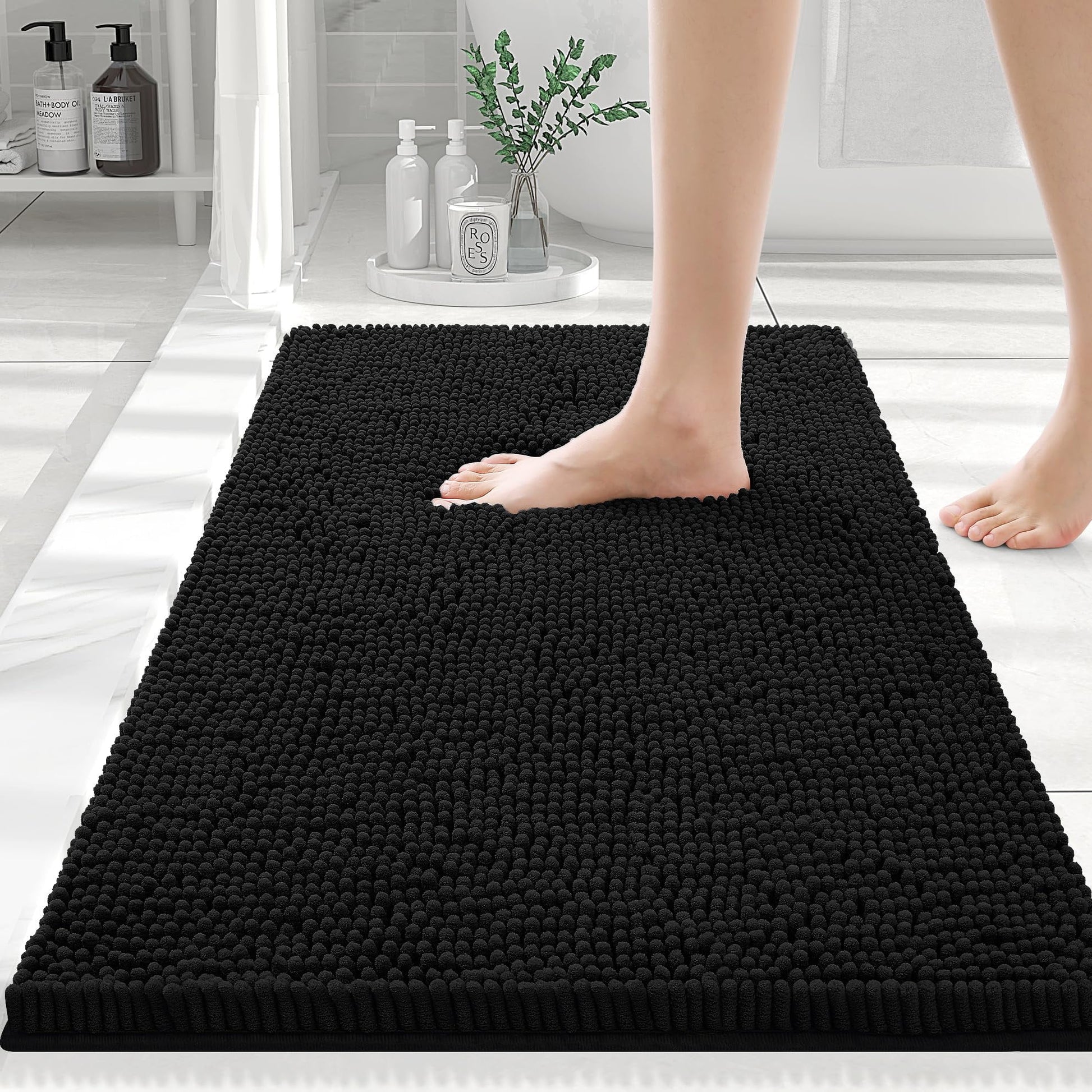 Luxury Chenille Bathroom Rugs, Extra Soft and Absorbent Bath Mat, Black, 16"X24"
