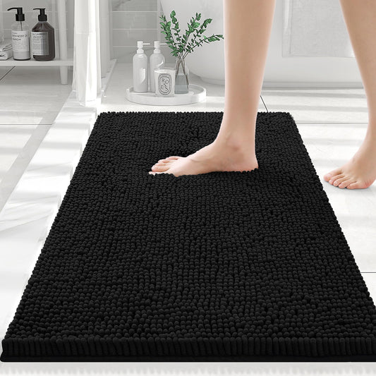 Luxury Chenille Bathroom Rugs, Extra Soft and Absorbent Bath Mat, Black, 16"X24"