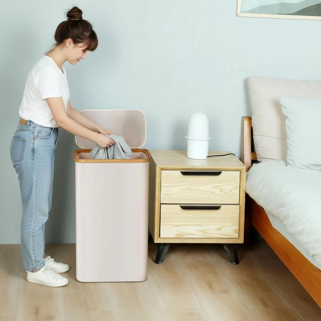Ivory 100L Large Laundry Hamper with Lid Narrow Foldable Slim Laundry Basket with Bamboo Handles Skinny Tall Dirty Clothes Hamper for Dorm Bathroom Bedroom