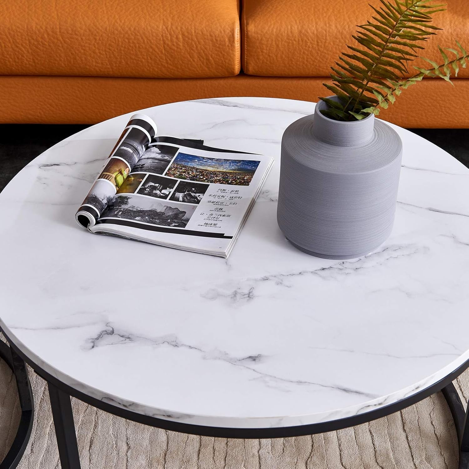 Round Nesting Coffee Tables Set for Living Room White Modern，Nesting Tables Sofa Side Nest of Tables，End Tables for Bed Room Set of 2 with Solid Metal Frame for Small Space (Black-White)