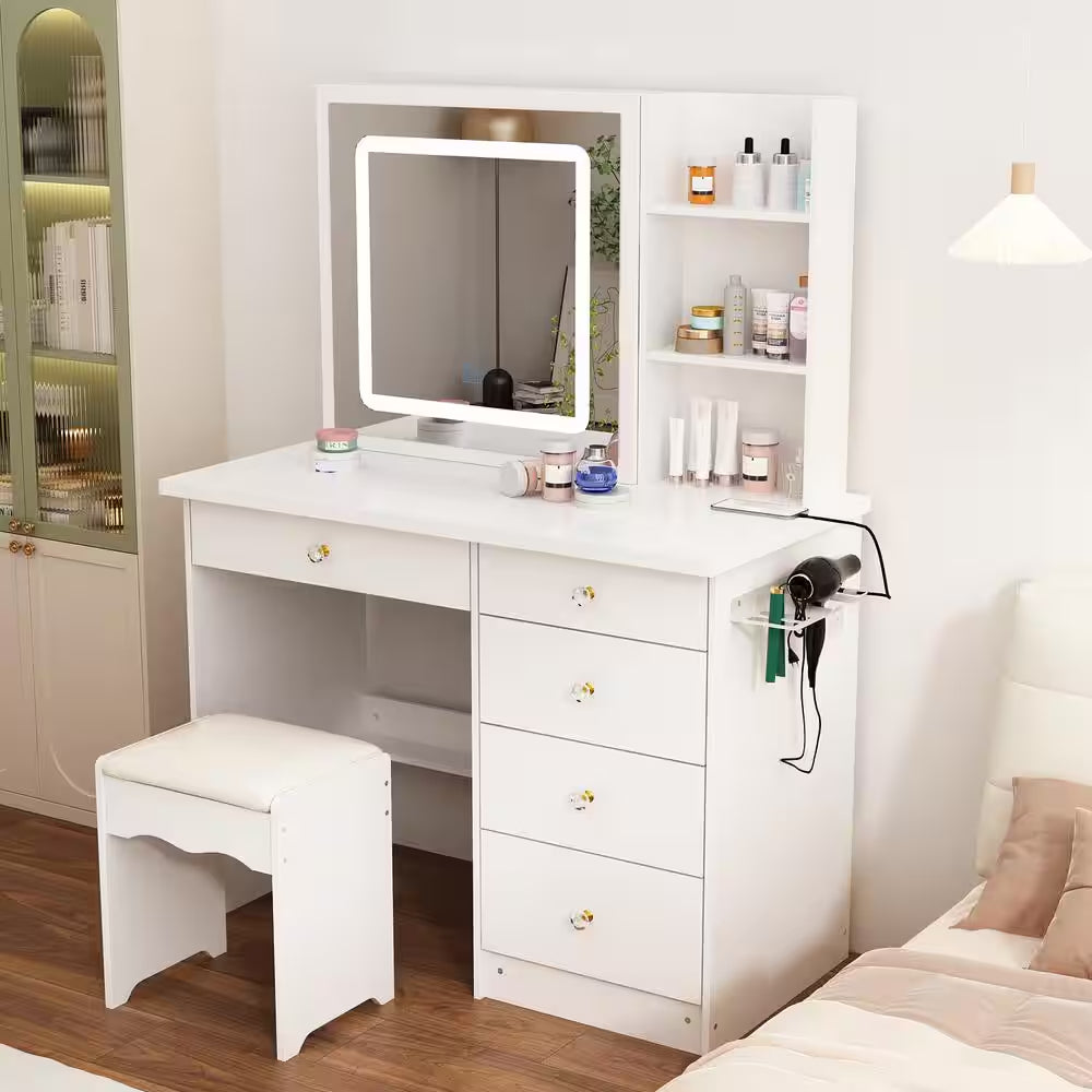 White Makeup Vanity Set Dressing Table with Sliding LED Lighted Mirror Power Strip and Hair Dryer Holder, Drawers, Stool
