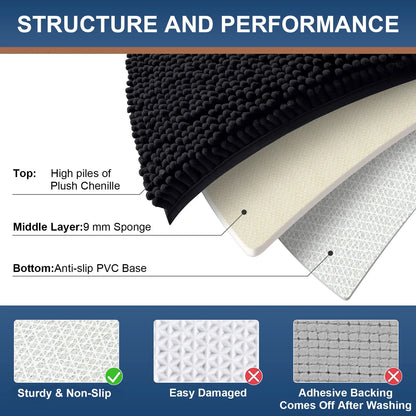 Luxury Chenille Bathroom Rugs, Extra Soft and Absorbent Bath Mat, Black, 16"X24"