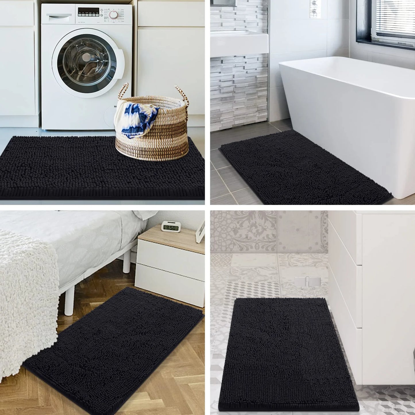 Luxury Chenille Bathroom Rugs, Extra Soft and Absorbent Bath Mat, Black, 16"X24"