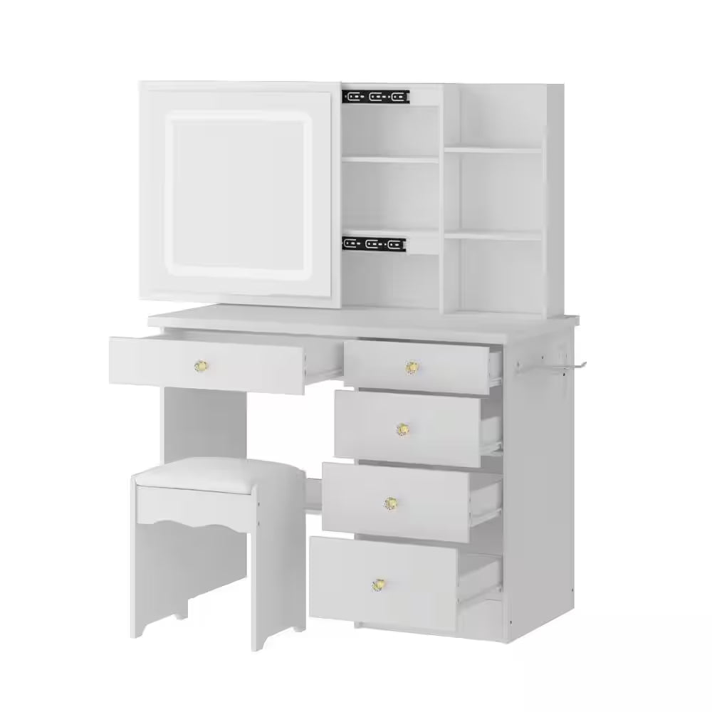 White Makeup Vanity Set Dressing Table with Sliding LED Lighted Mirror Power Strip and Hair Dryer Holder, Drawers, Stool