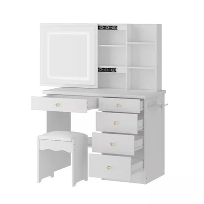 White Makeup Vanity Set Dressing Table with Sliding LED Lighted Mirror Power Strip and Hair Dryer Holder, Drawers, Stool