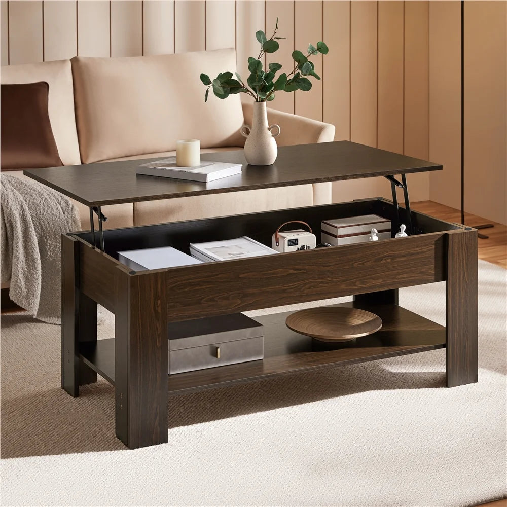 Modern 47.5" Wood Lift Top Coffee Table with Lower Shelf for Living Room, Espresso