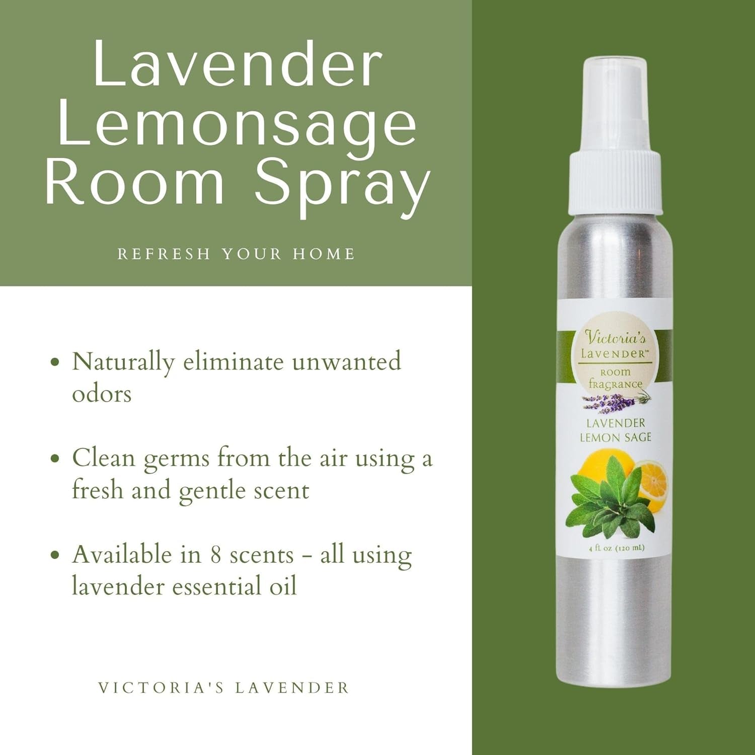 Room Fragrance Spray - Natural Air Freshener & Odor Eliminator, Luxury Essential Oil Scent for Home & Bathroom, Aromatherapy, Ideal Holiday Gift, Lavender Lemon Sage - 1 Pack, 4 Oz