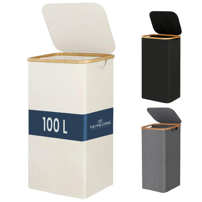 Ivory 100L Large Laundry Hamper with Lid Narrow Foldable Slim Laundry Basket with Bamboo Handles Skinny Tall Dirty Clothes Hamper for Dorm Bathroom Bedroom