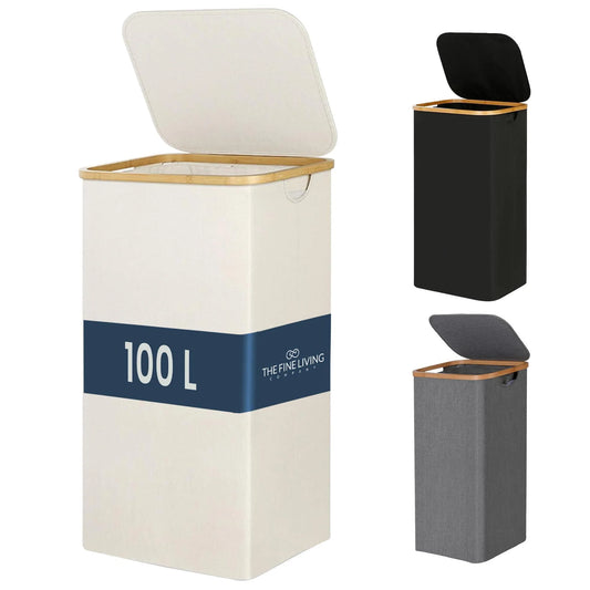 Ivory 100L Large Laundry Hamper with Lid Narrow Foldable Slim Laundry Basket with Bamboo Handles Skinny Tall Dirty Clothes Hamper for Dorm Bathroom Bedroom