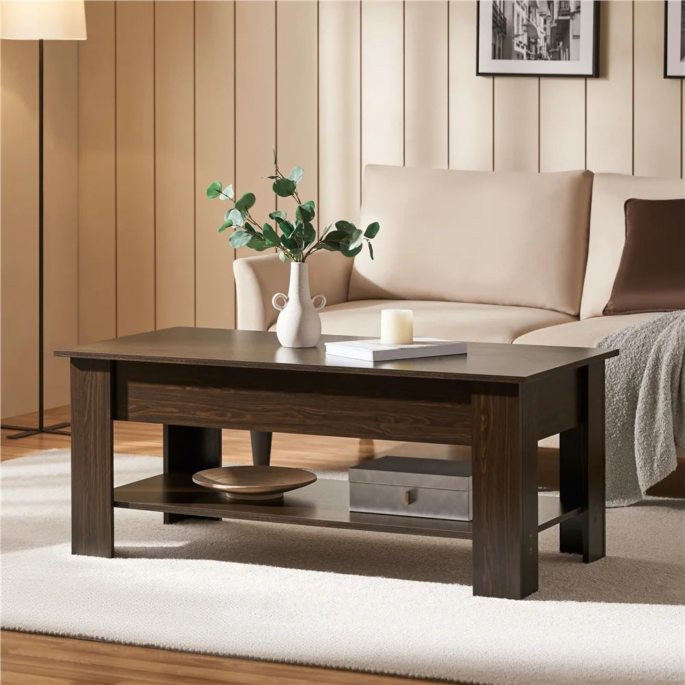 Modern 47.5" Wood Lift Top Coffee Table with Lower Shelf for Living Room, Espresso