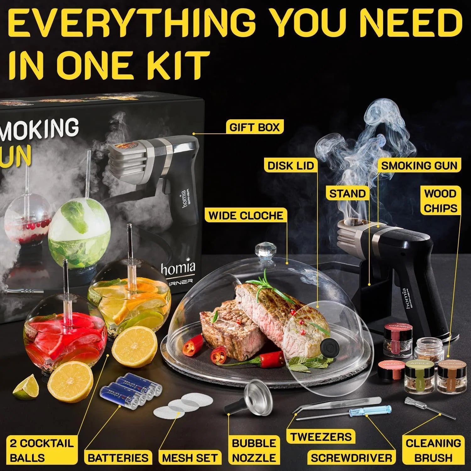 Smoking Gun Wood Smoke Infuser Birner PRO Premium Kit 13 PCS Smoker Machine with Accessories and Wood Chips Cold Smoke for Food and Drinks Gift for Man