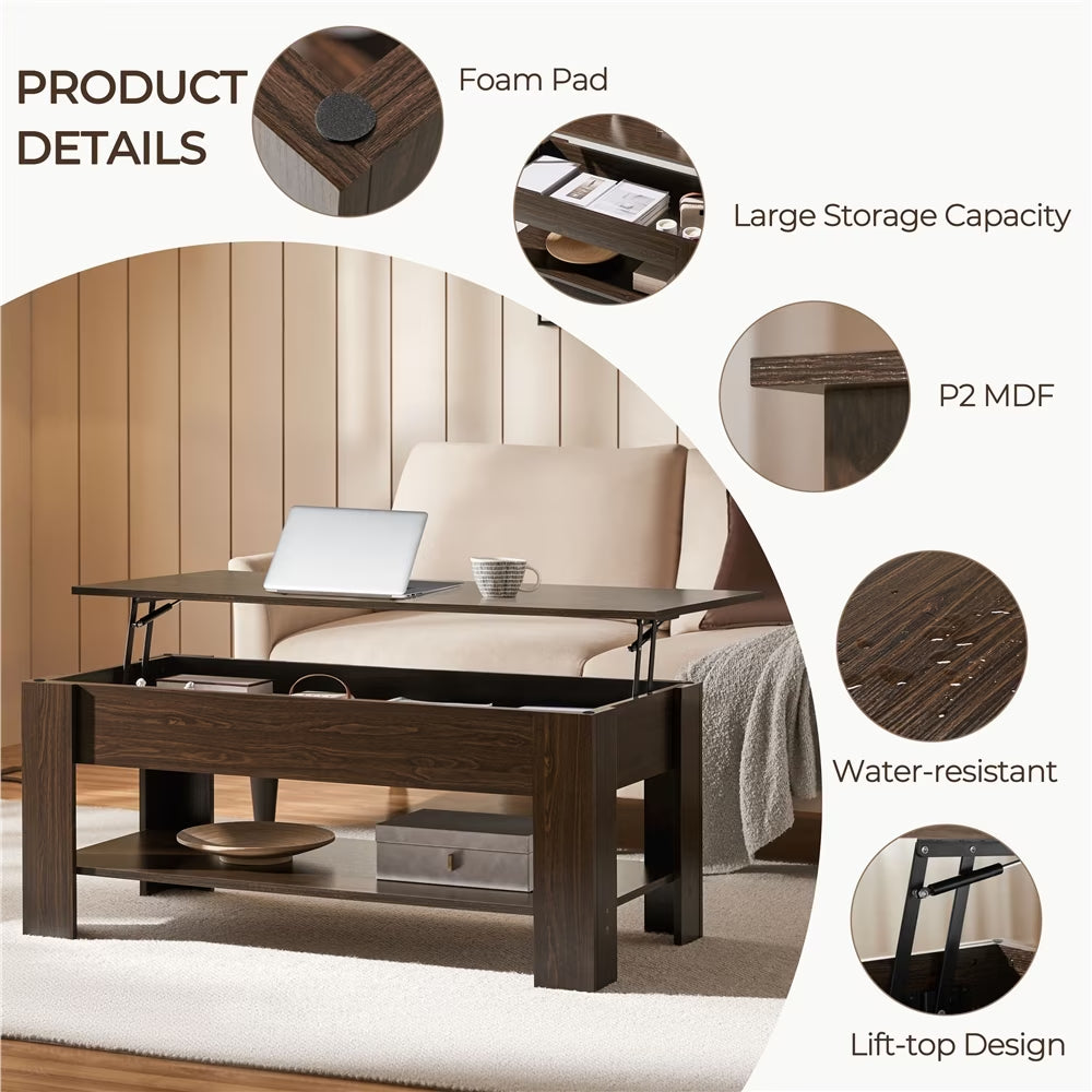 Modern 47.5" Wood Lift Top Coffee Table with Lower Shelf for Living Room, Espresso
