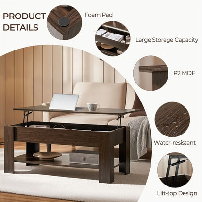 Modern 47.5" Wood Lift Top Coffee Table with Lower Shelf for Living Room, Espresso
