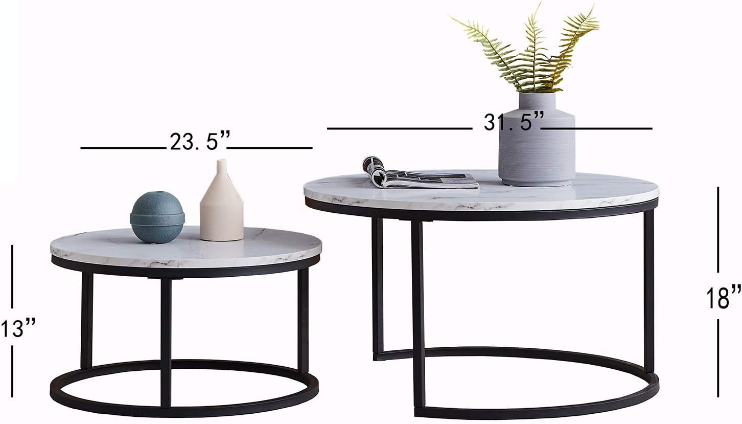 Round Nesting Coffee Tables Set for Living Room White Modern，Nesting Tables Sofa Side Nest of Tables，End Tables for Bed Room Set of 2 with Solid Metal Frame for Small Space (Black-White)