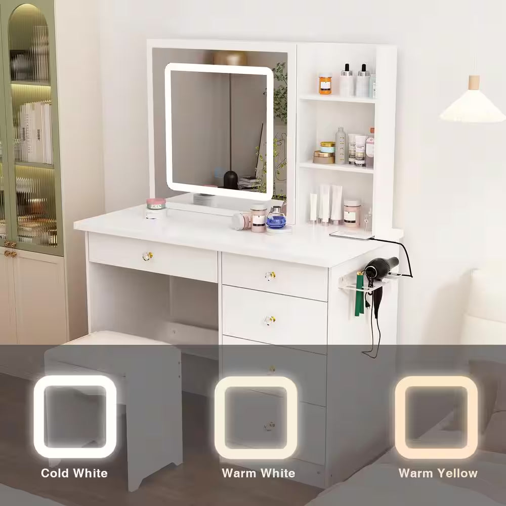 White Makeup Vanity Set Dressing Table with Sliding LED Lighted Mirror Power Strip and Hair Dryer Holder, Drawers, Stool
