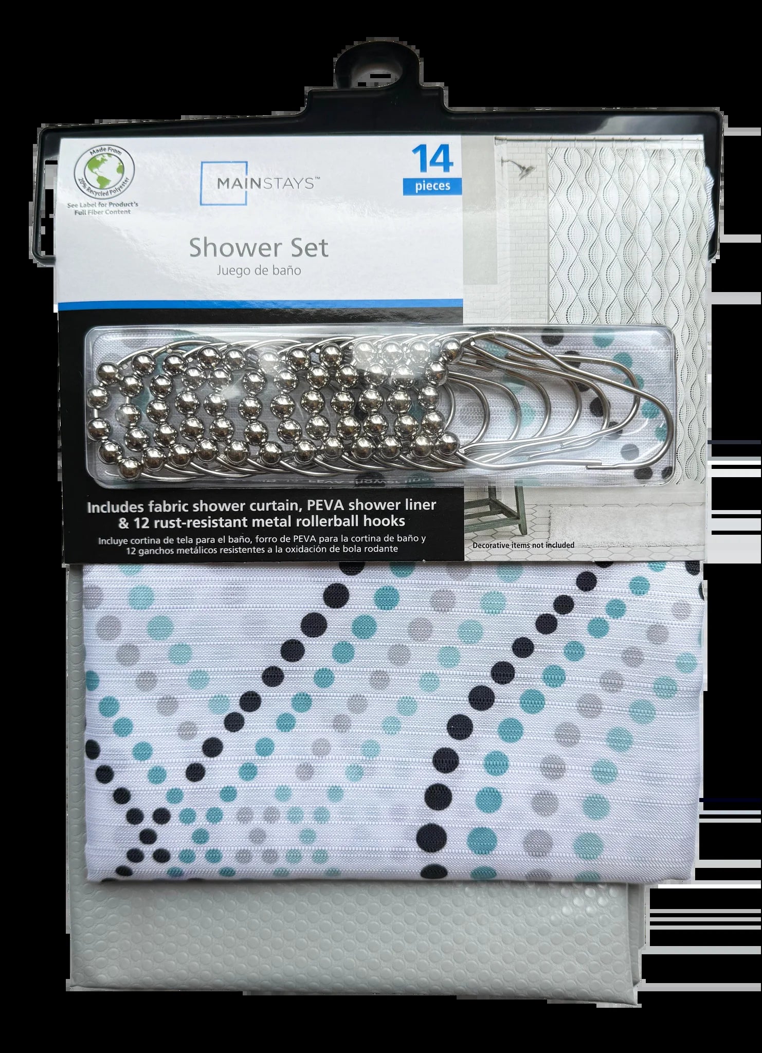 14-Piece Blue Dot Shower Curtain Set – 72" X 72" Fabric Curtain, PEVA Liner & Rust-Resistant Hooks, Easy-Clean Bathroom Upgrade
