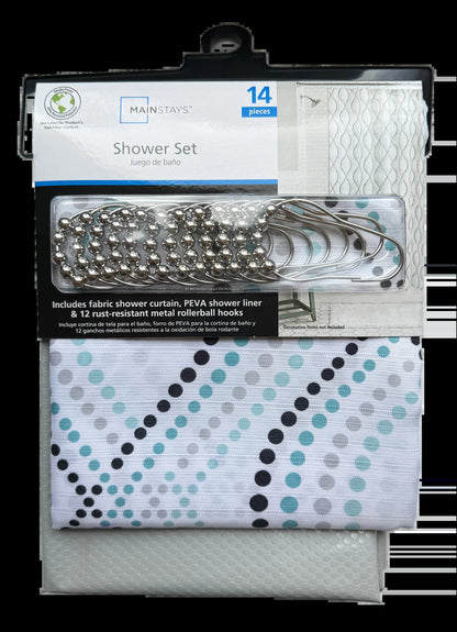 14-Piece Blue Dot Shower Curtain Set – 72" X 72" Fabric Curtain, PEVA Liner & Rust-Resistant Hooks, Easy-Clean Bathroom Upgrade