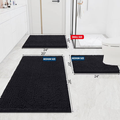Luxury Chenille Bathroom Rugs, Extra Soft and Absorbent Bath Mat, Black, 16"X24"